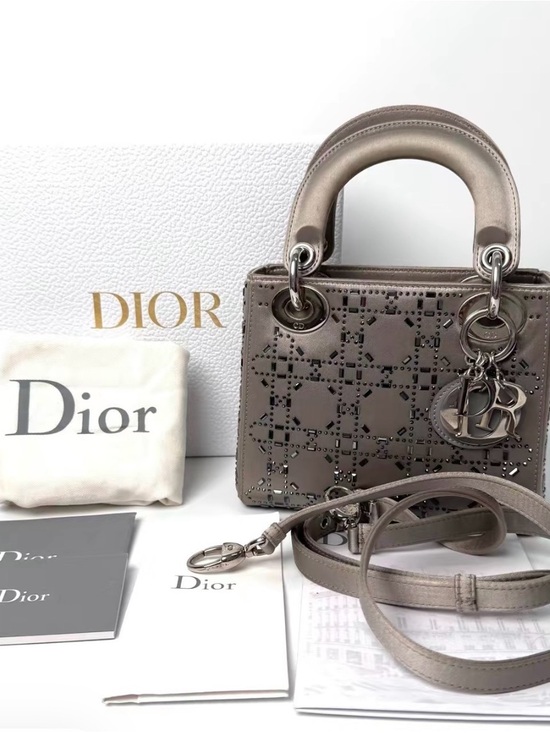 Dior Handbags - Dior Metallic Taupe Mini Lady Bag with Laser-Cut Detailing